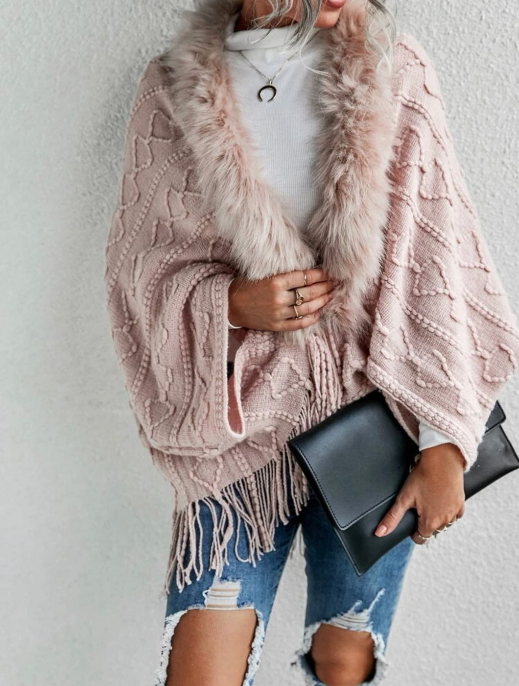 Faux Fur Tassel Cardigan - Blush Rose