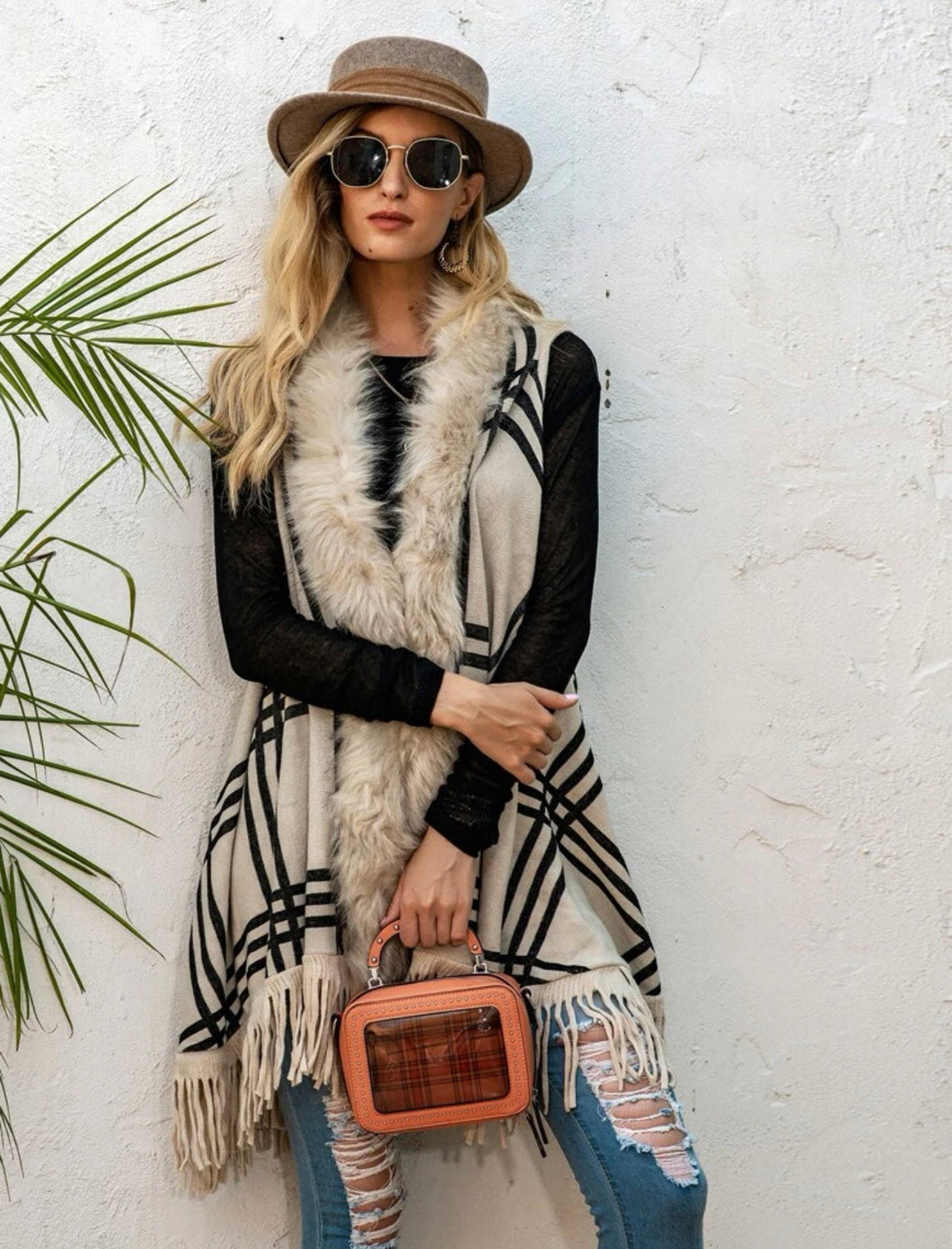 Plaid Fringe Hem Cardigan