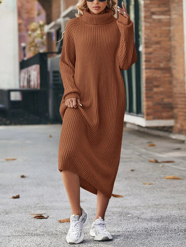 Turtle Neck Raglan Sweater Dress - Burnt Butter