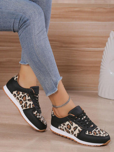 BLACK LEOPARD LACE UP SNEAKERS