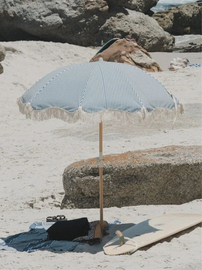 Blue & White Striped Fringe Premium Umbrella