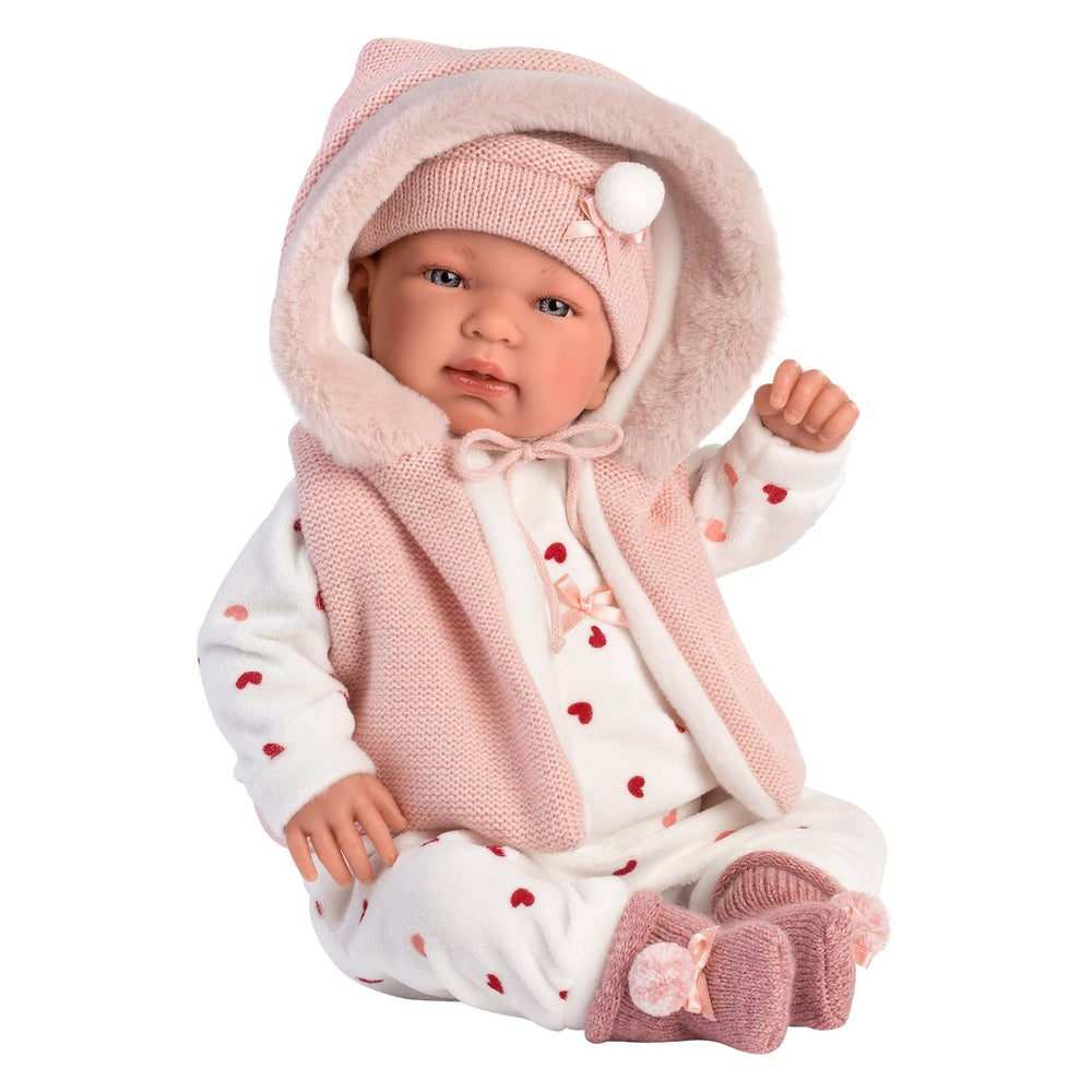 Llorens - Newborn Baby Girl Doll with Crying Mechanism, Pink Romper & Accessories: Tina - 44cm