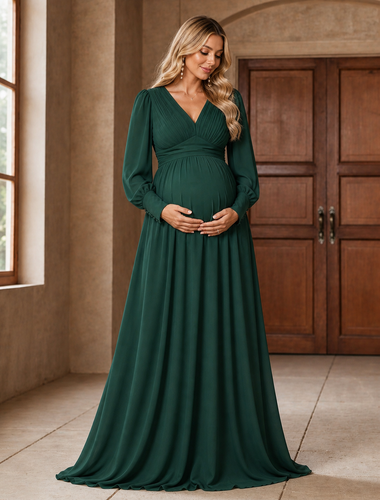 Maternity Evening Silk Emerald Belted Dress