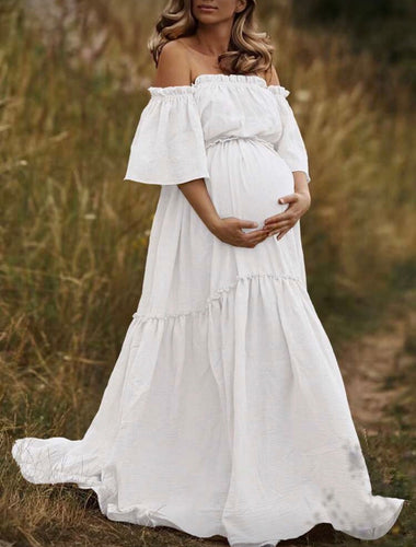 White Off Shoulder Maternity Maxi Dress