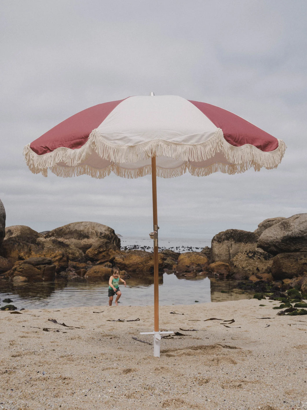 Red & White Striped Fringe Premium Umbrella