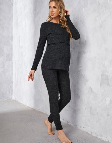 Maternity Ribbed Lounge Set - Charcoal