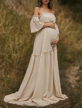 Oatmeal Off Shoulder Maternity Maxi Dress