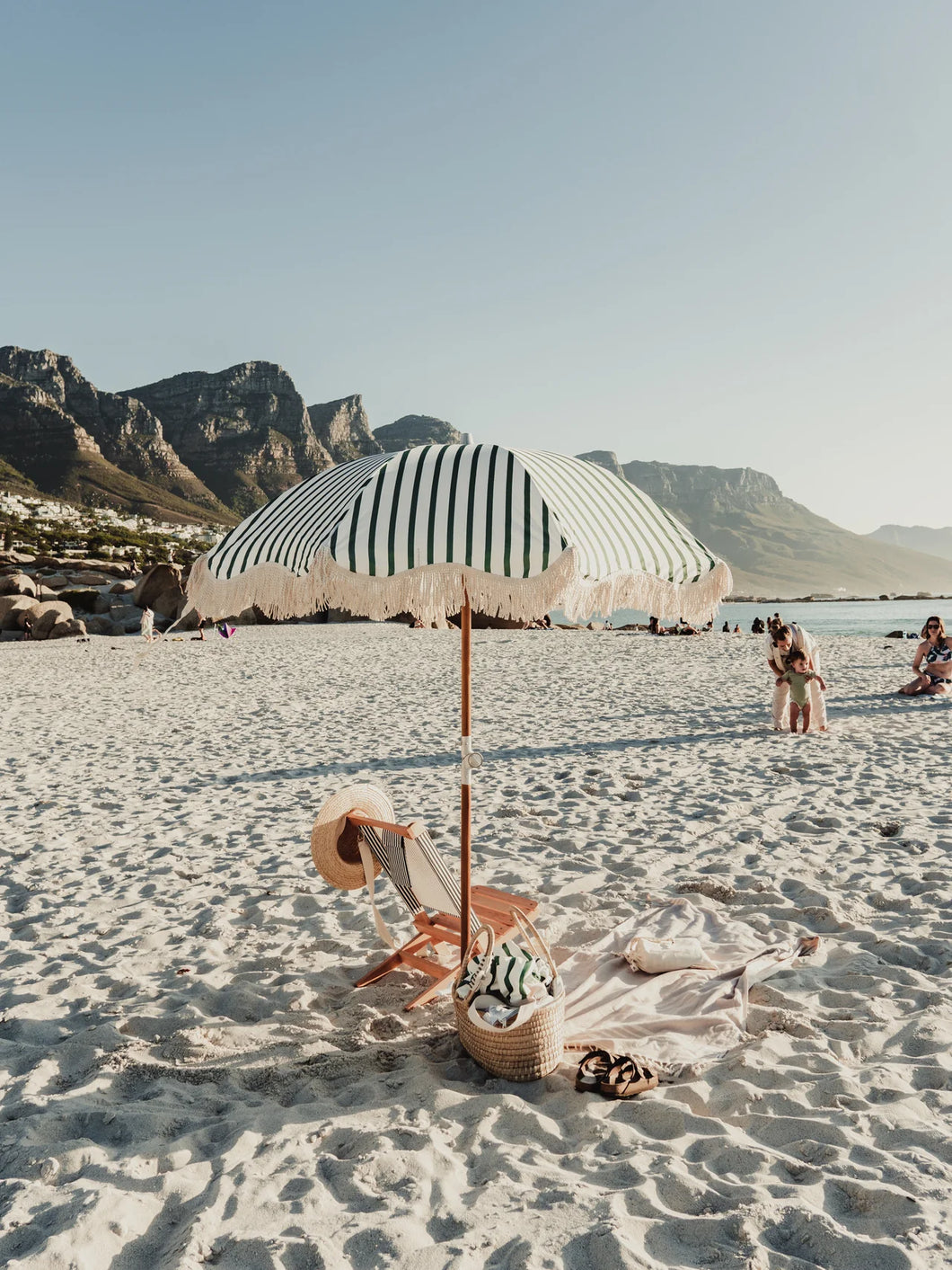 Forest Green & White Striped Fringe Premium Umbrella