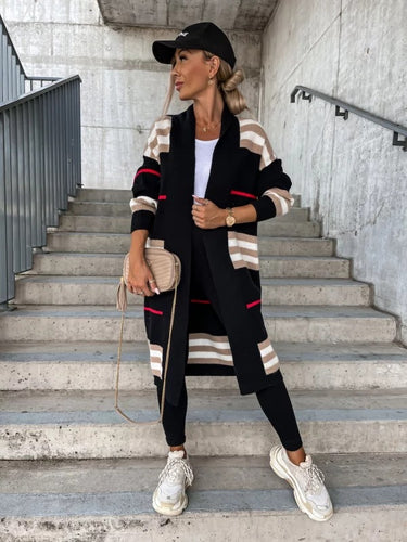 Striped Long Knit Cardigan - Black