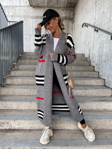 Striped Long Knit Cardigan - Grey