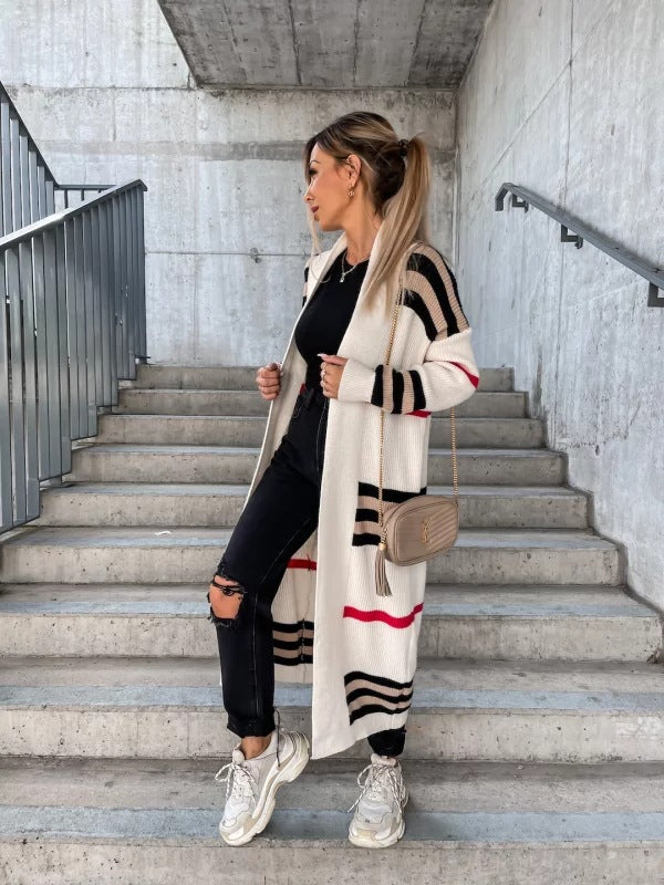 Striped Long Knit Cardigan - Ivory