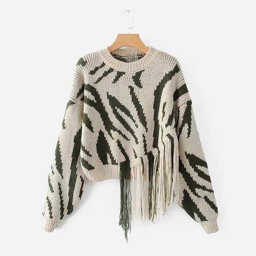 Striped Drop Sleeve Fringe Cardigan - Khaki