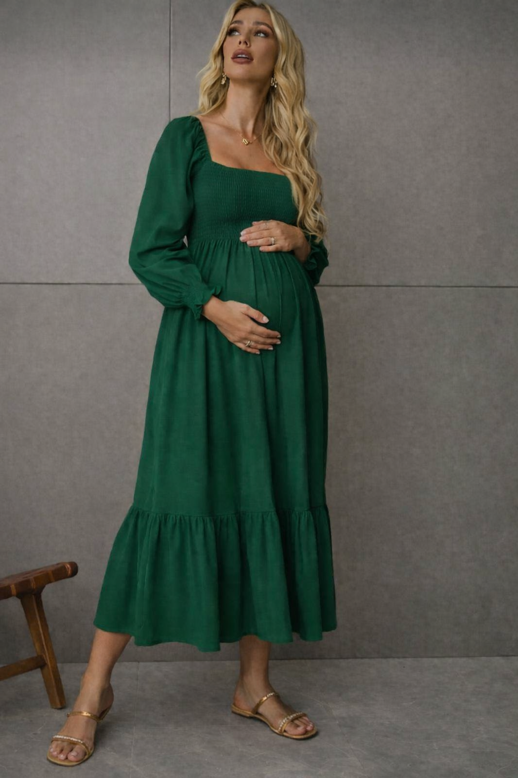 Shirred Ruffle Hem Maxi Dress - Emerald