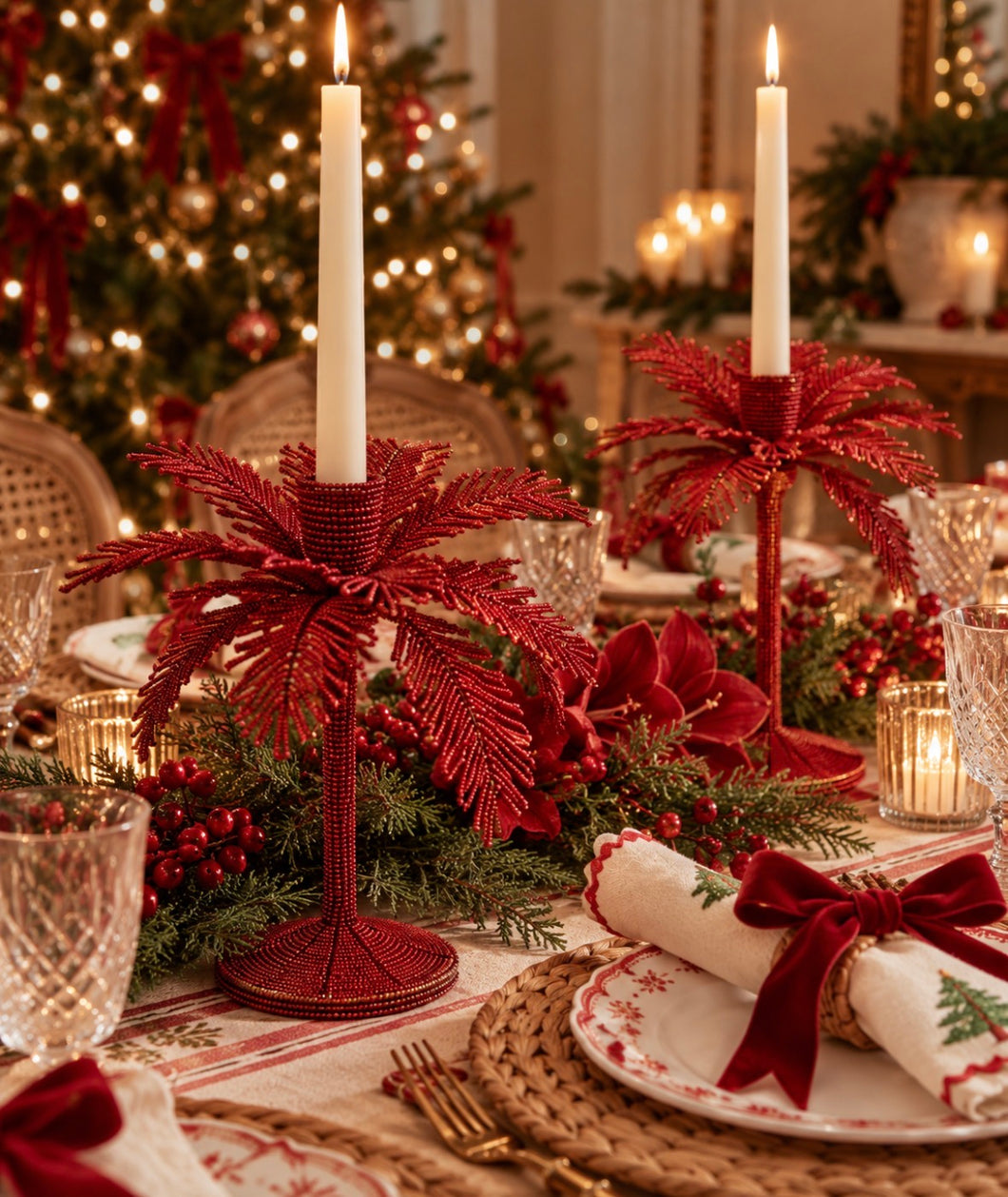 Beaded Christmas Red Palm Tree Candleholder