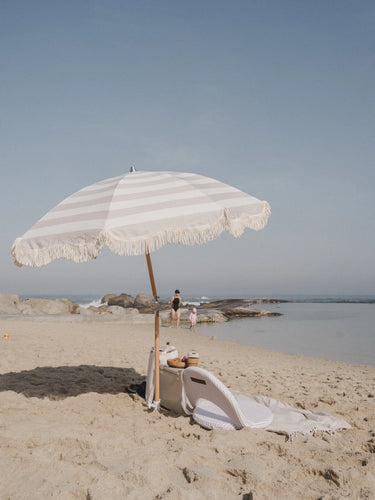 Stone & White Striped Fringe Premium Umbrella