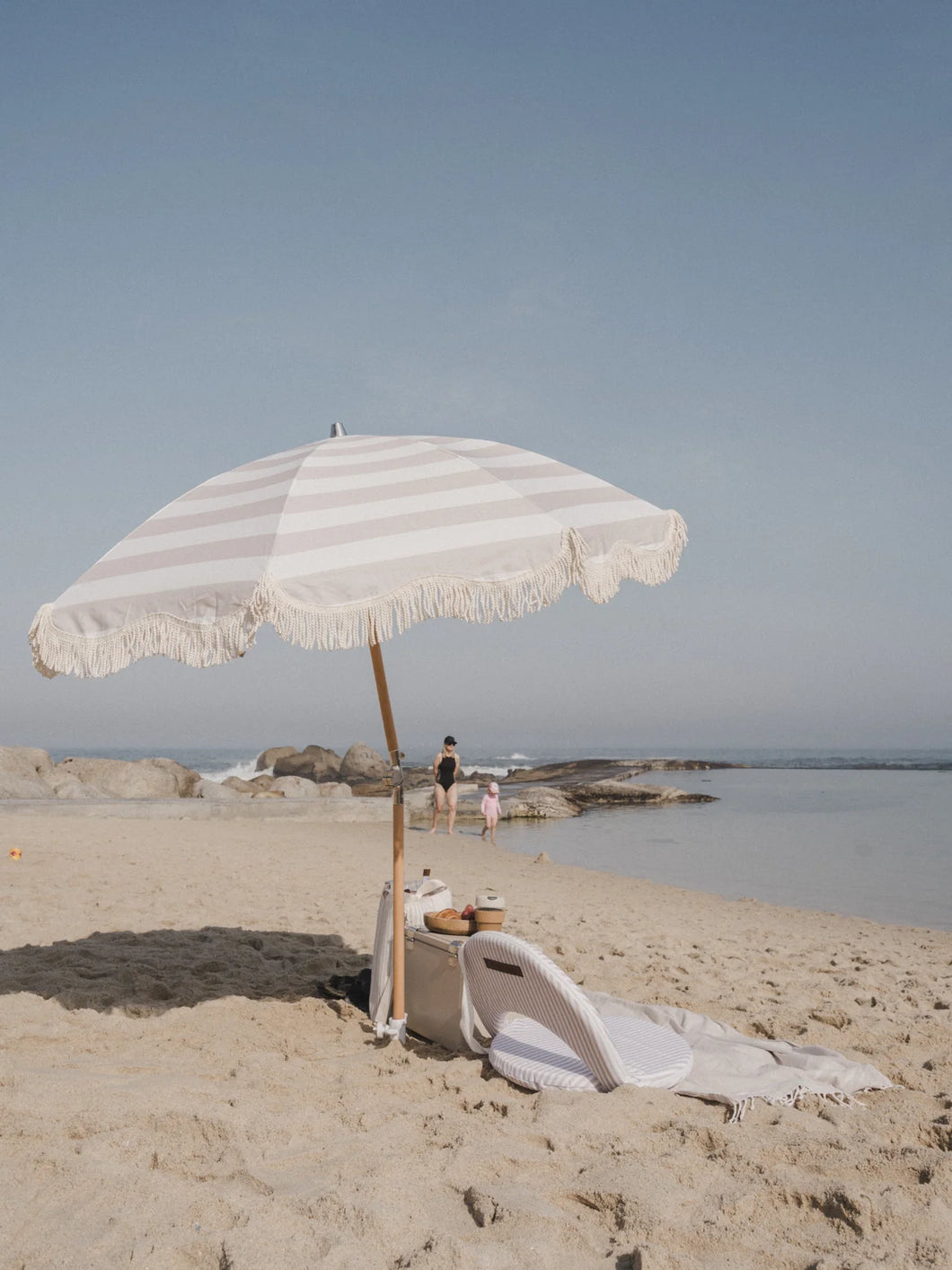 Stone & White Striped Fringe Premium Umbrella