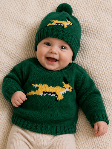 Baby wearing green and gold hand-knitted beanie and jersey set with animal design