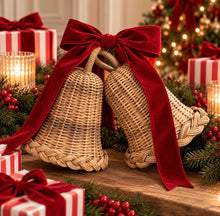 Set of 2 Wicker Christmas Bells with Red Velvet Bow