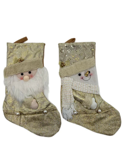 S/2 GOLD SANTA/SNOWMAN STOCKINGS