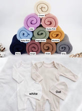 Colour swatches for baby blanket and romper personalisation, including cream, dusty pink, lilac, sage green, baby blue, mustard, navy, grape, khaki, grey, white and oat