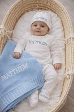 Personalised baby romper, hat and knit blanket set in baby blue, custom embroidered with baby's name