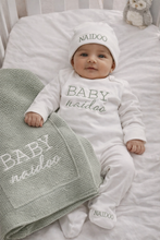 Personalised baby romper, hat and knit blanket set in sage green, custom embroidered with baby's surname
