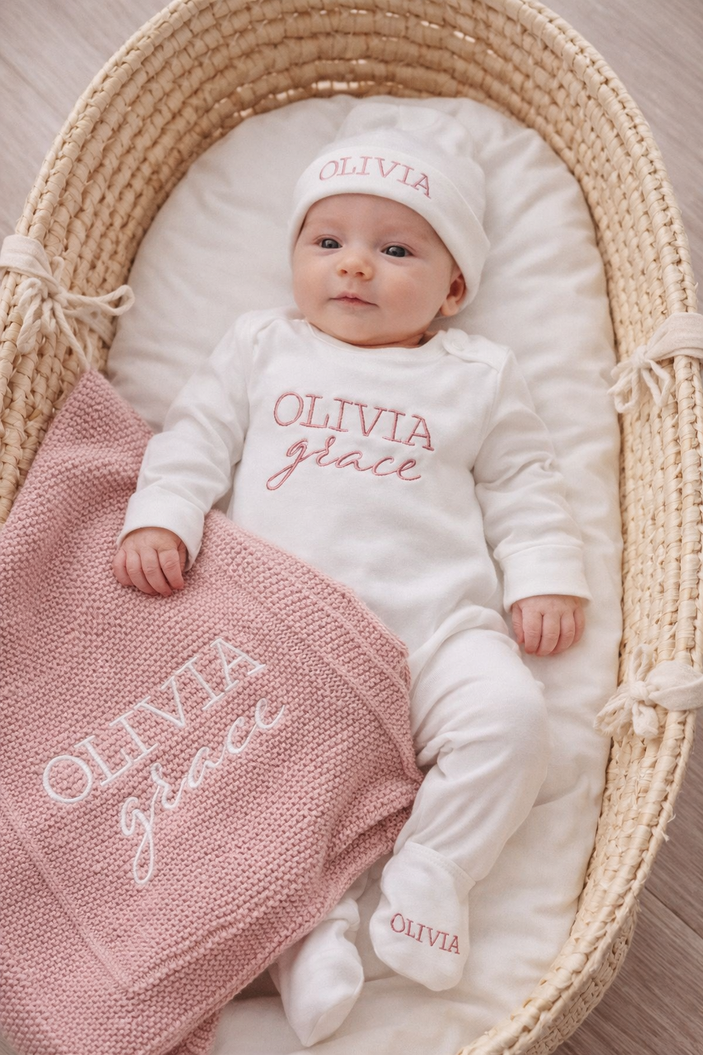 Personalised baby romper, hat and knit blanket set, custom embroidered with baby's name