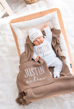 Personalised baby romper, hat and knit blanket set in tan, custom embroidered with baby's full name