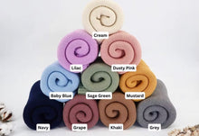 Colour swatches for personalised cotton baby blanket, including cream, lilac, dusty pink, baby blue, sage green, mustard, navy, grape, khaki and grey