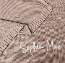 Close-up of embroidered name on personalised cotton knit baby blanket