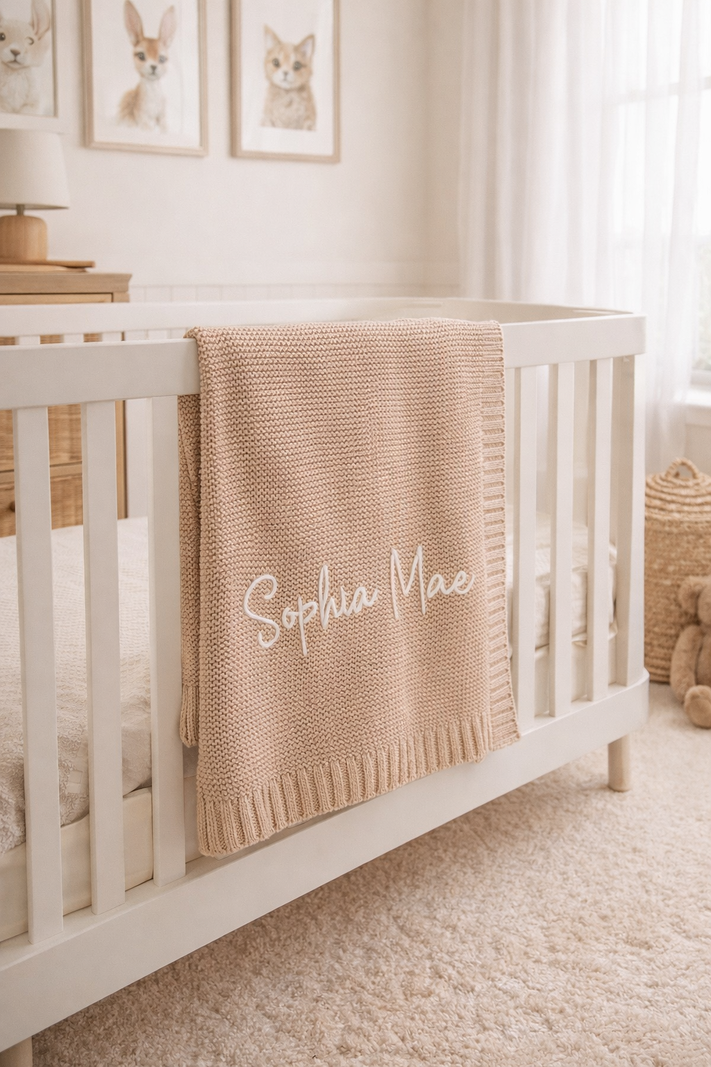 Personalised cotton knit baby blanket in camel, draped over a nursery crib