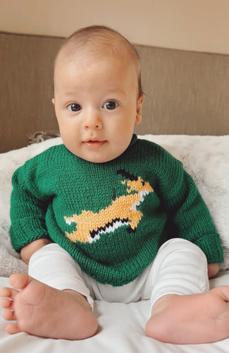 Baby wearing green and gold hand-knitted rugby jersey with animal design - Little Champion Jersey