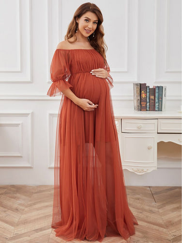Off Shoulder Tulle Mesh Maternity Dress