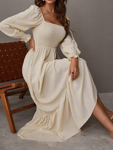 Shirred Ruffle Hem Maxi Dress - Porcelain