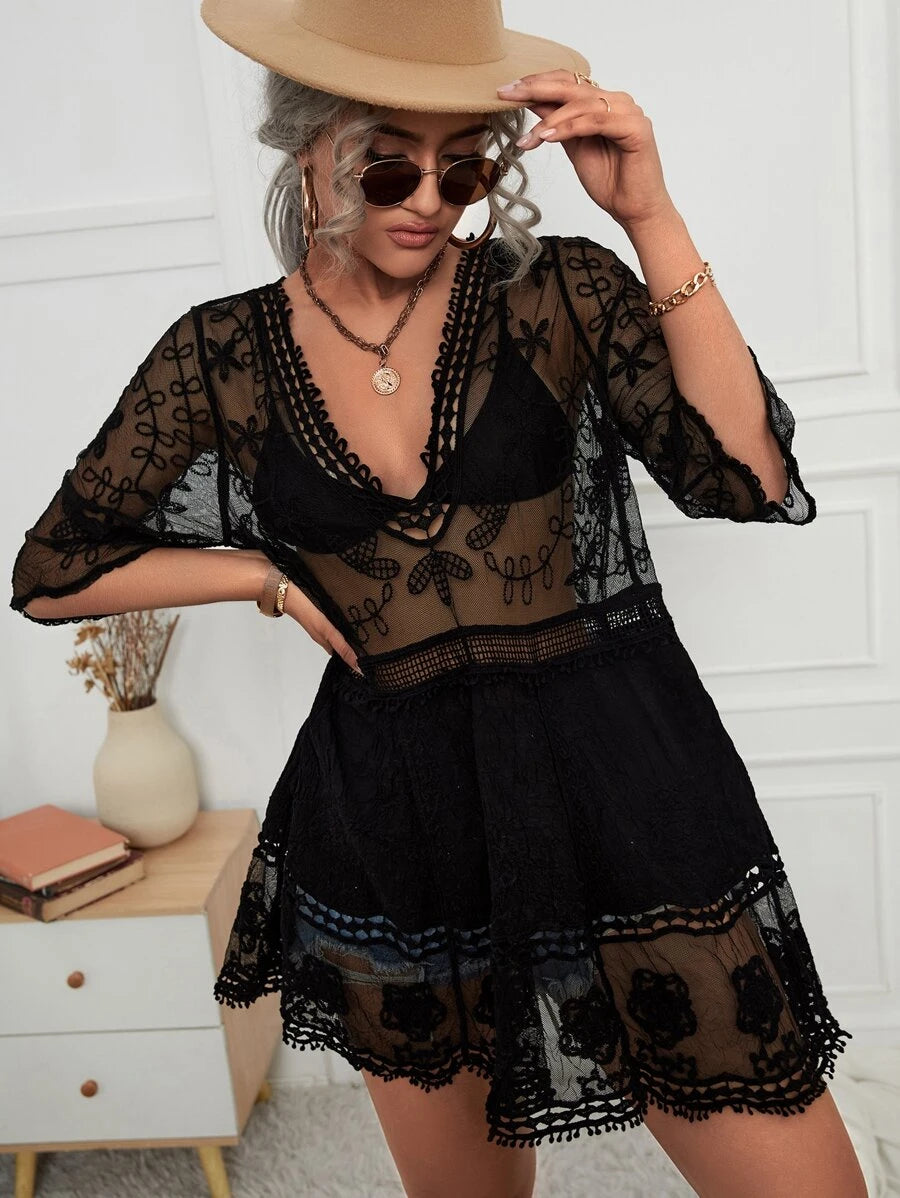 Embroidery Mesh Cover Up - Black