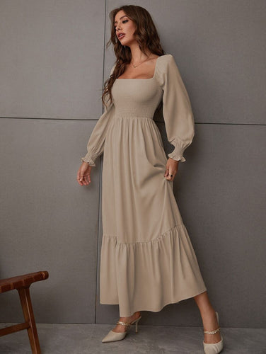 Shirred Ruffle Hem Maxi Dress - Oatmeal