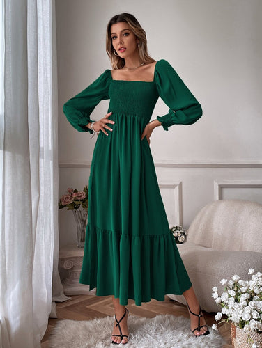 Shirred Ruffle Hem Maxi Dress - Emerald