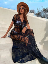 Embroidery Mesh Lace Cover Up - Black