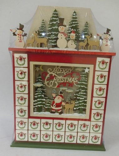 WOODEN RED CALENDAR HOUSE W/LIGHT