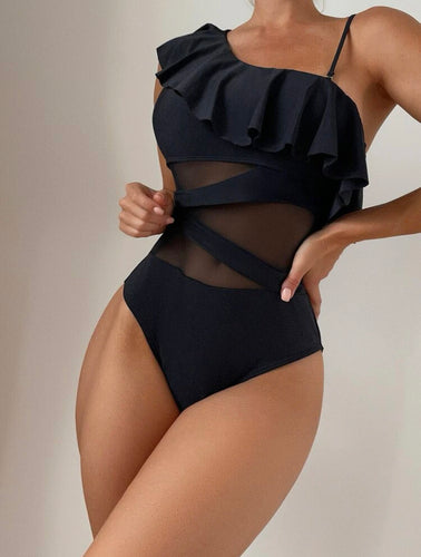 Midnight Contrast Mesh Frill One Piece