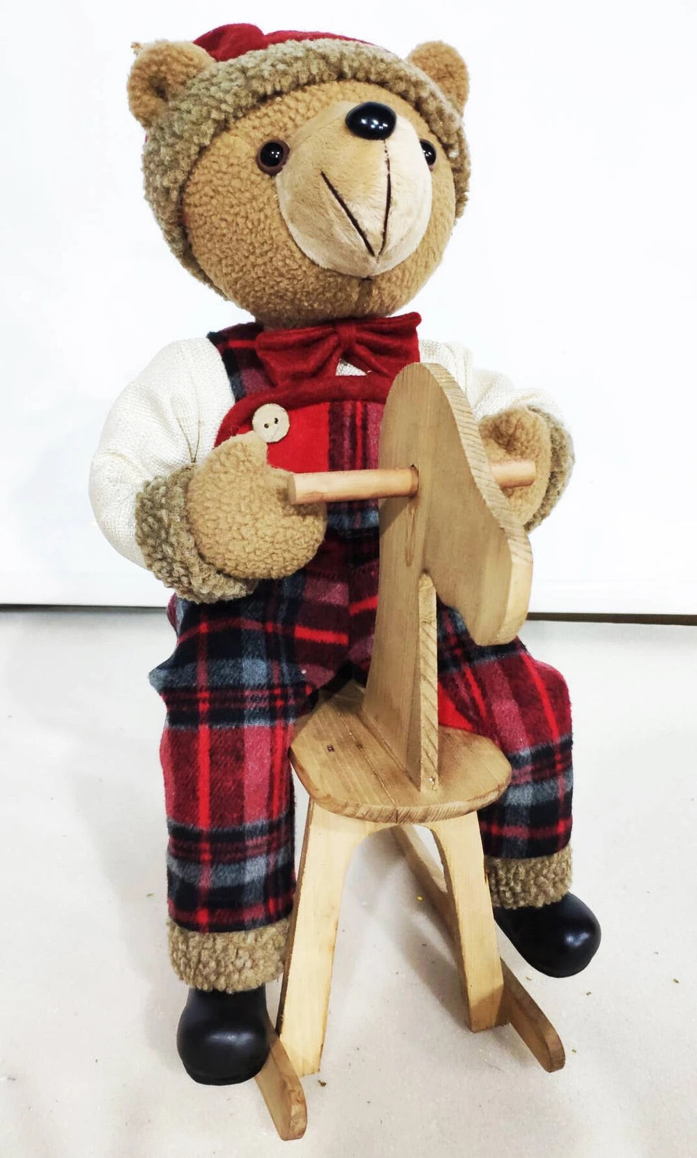 40CM TARTAN BEAR ON ROCKING HORSE