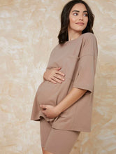 Maternity Pocket Patched Drop Shoulder Tee and Legging Shorts Set - Mocha