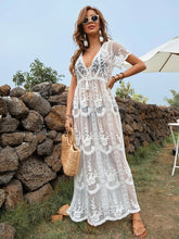 Floral Pattern Ivory Mesh Lace-Up Front Cover Up