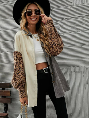 Corduroy Leopard Shacket Jacket - Grey