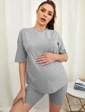 Maternity Pocket Patched Drop Shoulder Tee and Legging Shorts Set - Grey
