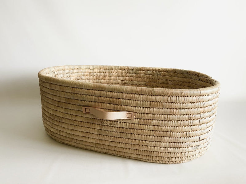 Ko coon Moses Basket Natural with Grip Leather handles Baby