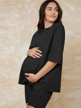 Maternity Pocket Patched Drop Shoulder Tee and Legging Shorts Set - Black