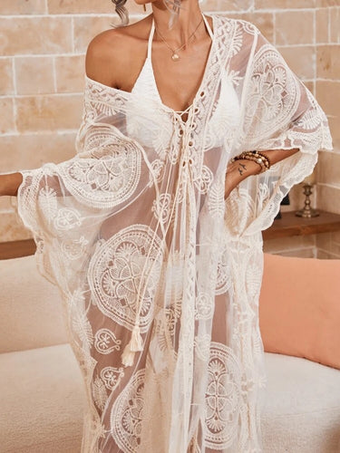 Embroidery Ivory Mesh Lace-Up Cover Up