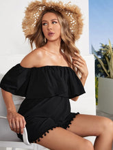 Maternity Off Shoulder Ruffle Detail Pompom Trim Romper