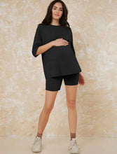 Maternity Pocket Patched Drop Shoulder Tee and Legging Shorts Set - Black